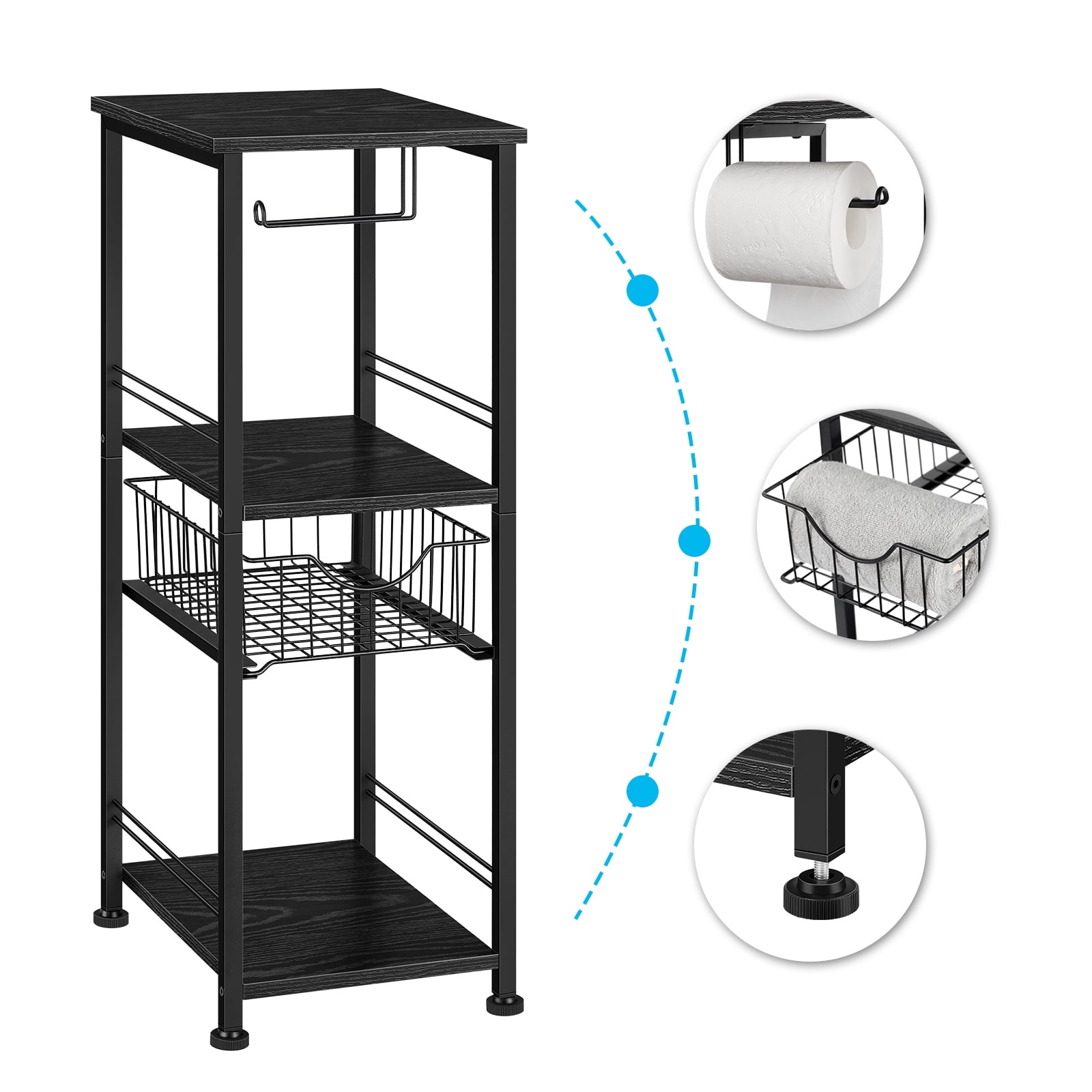 Black Freestanding Bathroom Storage Cabinet with Drawer & Toilet Paper Holder - Narrow Side Shelf for Towel, Toiletries, Laundry Room, Kitchen Pantry