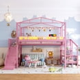 thumbnail image 3 of Leumius Full Size Loft Bed with Storage Stairs, Metal Loft Bed Frame with Built-in Wardrobe,Storage Shelves,USB Ports and LED Lights,Noise-reduced Design,Pink, 3 of 12