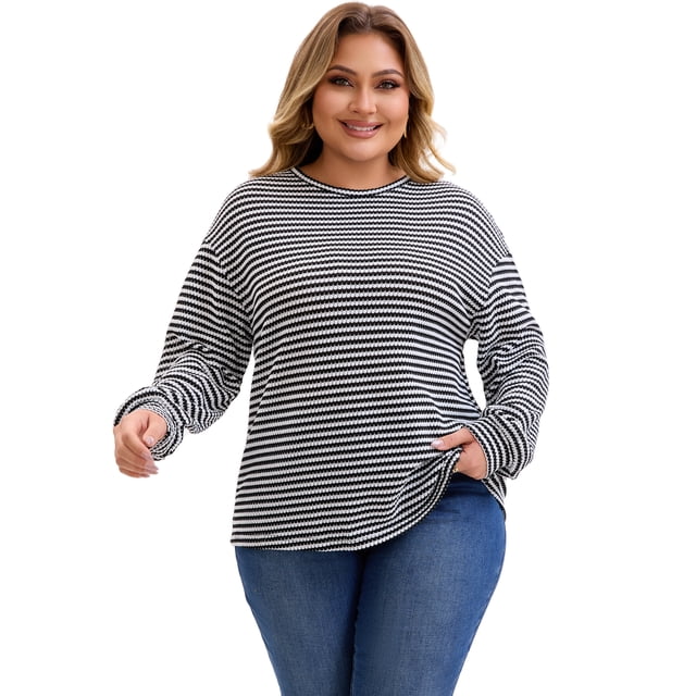 Blusa básica casual de manga larga con cuello redondo y puños elásticos para mujer de tallas grandes, rayas, 3X, negra