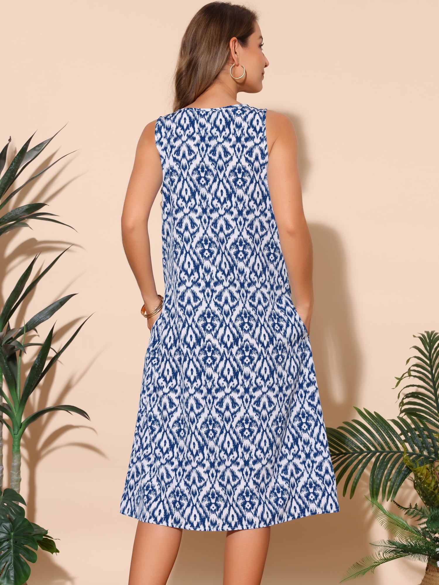 DARING DIVA Sleeveless Crewneck Print Midi Tank Dress M Dark Blue