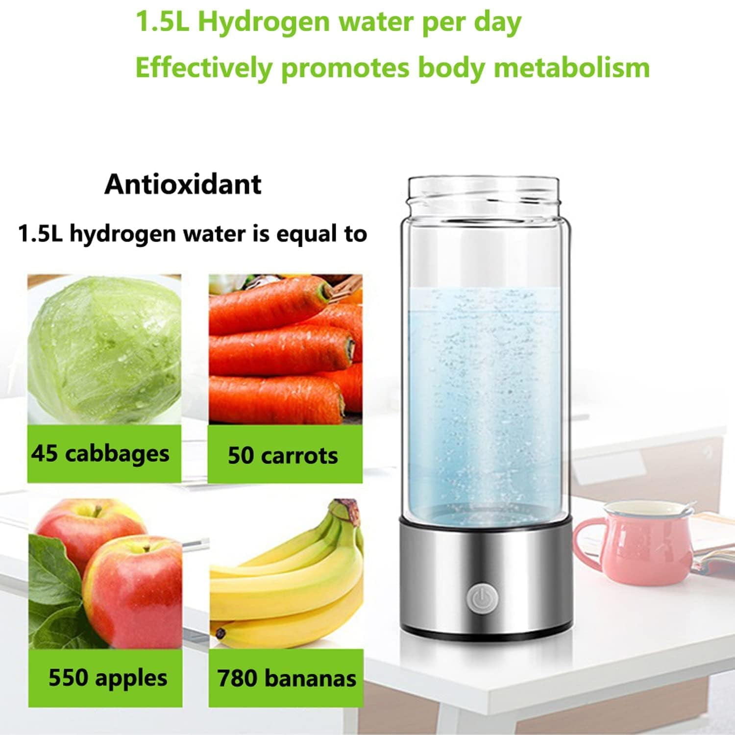 MeeTop Hydrogen Water Generator 430 ml Glass Water Bottle