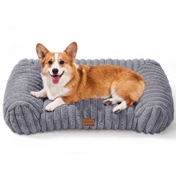 Exclusivo Mezcla Cuddler Couch Pet Bed with Sides for Small Medium Dogs, 30"x20" Ribbed Plush Corduroy Dog Bed with Non-Slip Bottom and Washable Cover, Dark Grey