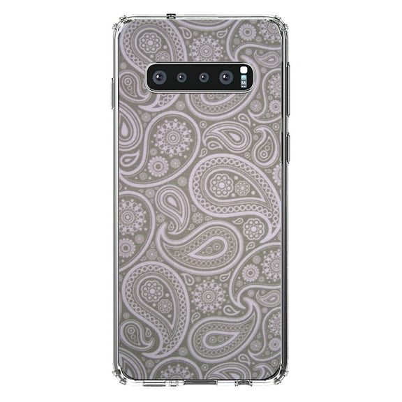 DistinctInk Clear Shockproof Hybrid Case for Samsung Galaxy S10 (6.1" Screen) - TPU Bumper, Acrylic Back, Tempered Glass Screen Protector - Grey Black Paisley