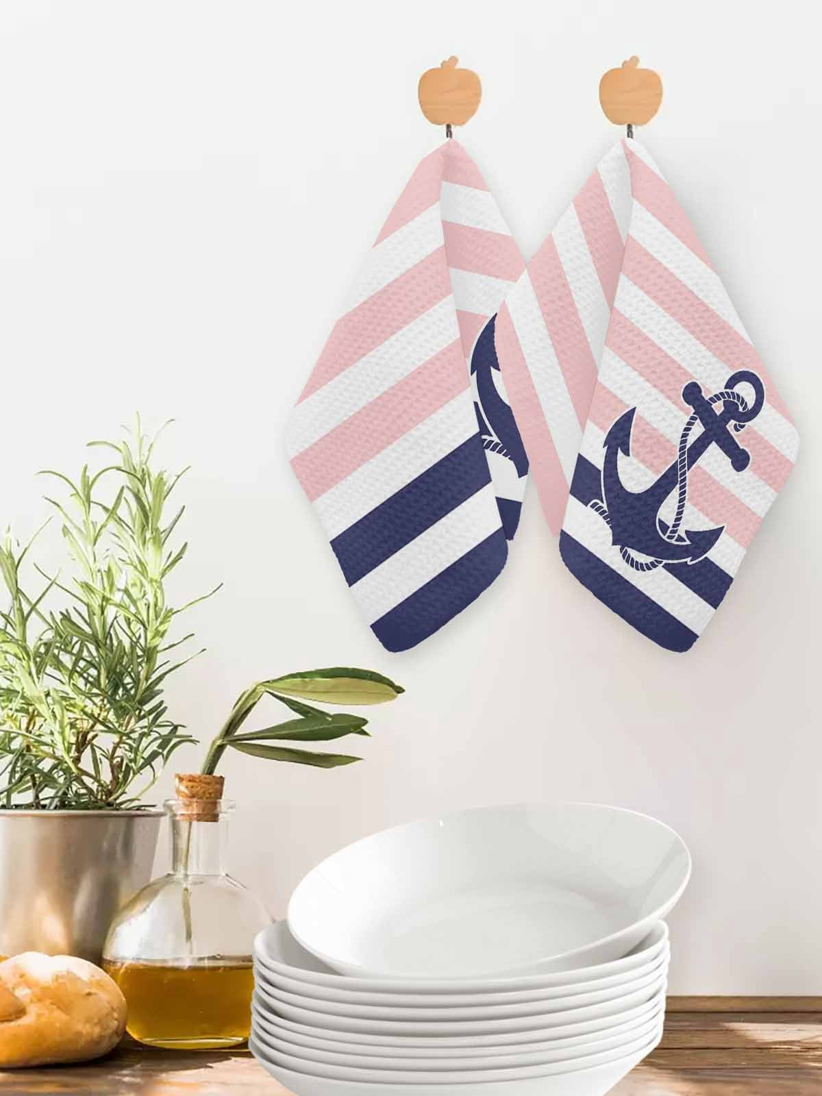 Anchor Pink Kitchen Dish Towels for Drying Dishes Set of 2, Modern Navy Blue White Striped Nautical Waffle Weave Microfiber Hand Tea Bathroom Towels Quick Dry & Absorbent Towel 12x12