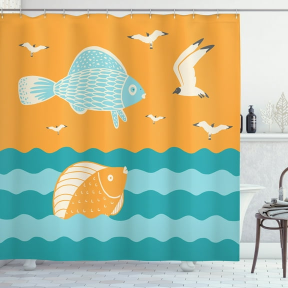 Marine Shower Curtain, Abstract Composition with Waves Fish and Seagulls, Fabric Bathroom Set with Hooks, 69W X 70L Inches, Orange Sea Blue, by Ambesonne