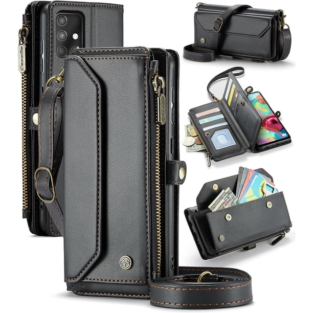 funda billetera para Samsung Galaxy A71 con Protección RFID, Ranuras para Tarjetas, Pata de Cabra, Correa Desmontable-Funda para teléfono tipo Bandolera con Tapa de Cuero PU a prueba