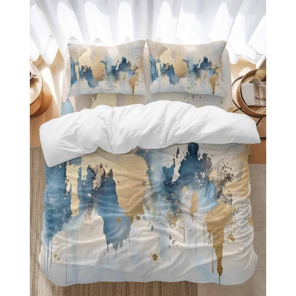Light Blue Gold Abstract Bedding Duvet Cover Set King Size 4 Pieces Modern Art Oil Painting Style Ombre Bedding Set with Zipper Closure, 1 Comforter Cover 92x106 Inches 1 Flat Sheet & 2 Pillow Cases