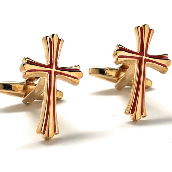 Gold Cross Cufflinks with Red Enamel Inlay – Christian Faith Jewelry for Men, Gift for Pastor or Groom