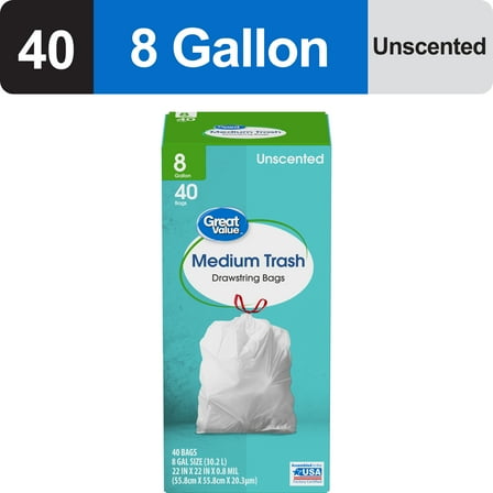 Great Value Medium Trash Drawstring Bags, 8 Gallon, 40 Count
