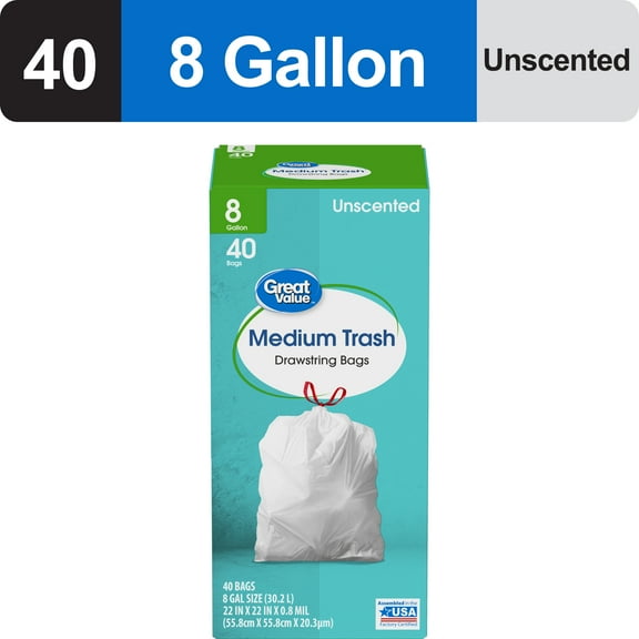 Great Value Medium Trash Drawstring Bags, 8 Gallon, 40 Count