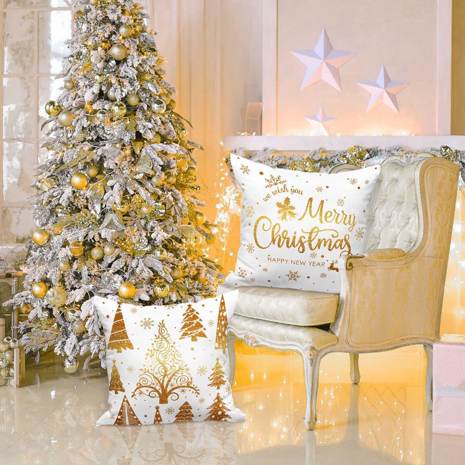 White and Gold Bronzing Christmas Throw Pillow Covers 18x18 Set of 4, 18 inch Decorative Xmas Cushion Covers Pillow Cases for 18 x 18 Home Bedroom Room Holiday Couch Decor Decorations