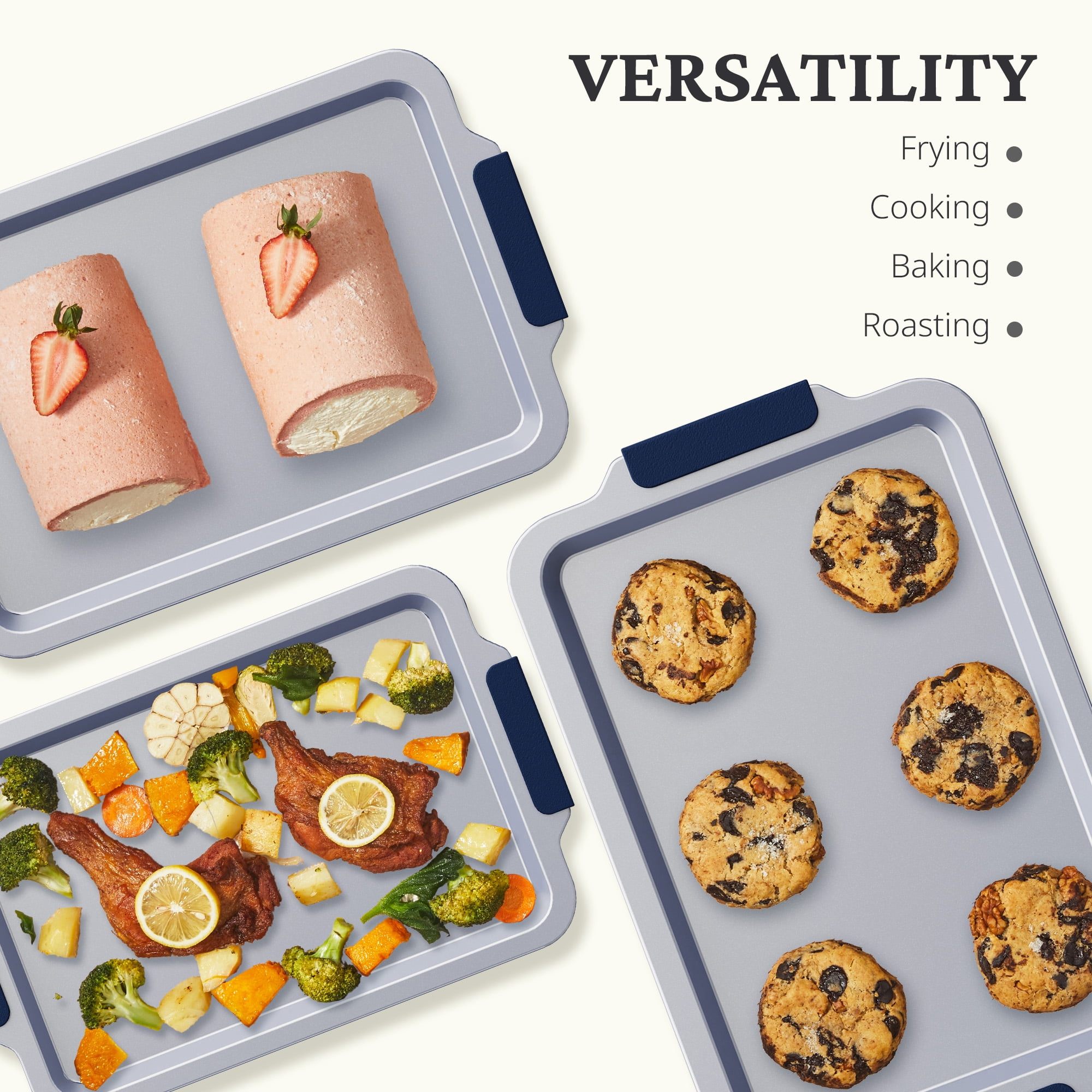 HONGBAKE Non Toxic Ceramic Cookie Sheets for Baking, 3-piece Non Stick Baking Sheet Pans for Oven, Heavy Duty Aluminized Steel Baking Pans Set with Silicone Handles -Navy