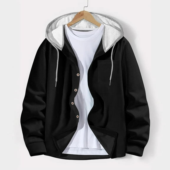 gbyLJF Men's Plaid Shirts Jacket Color Block Casual Long Sleeve Button Down Cardigan Drawstring Hooded Sports Jackets