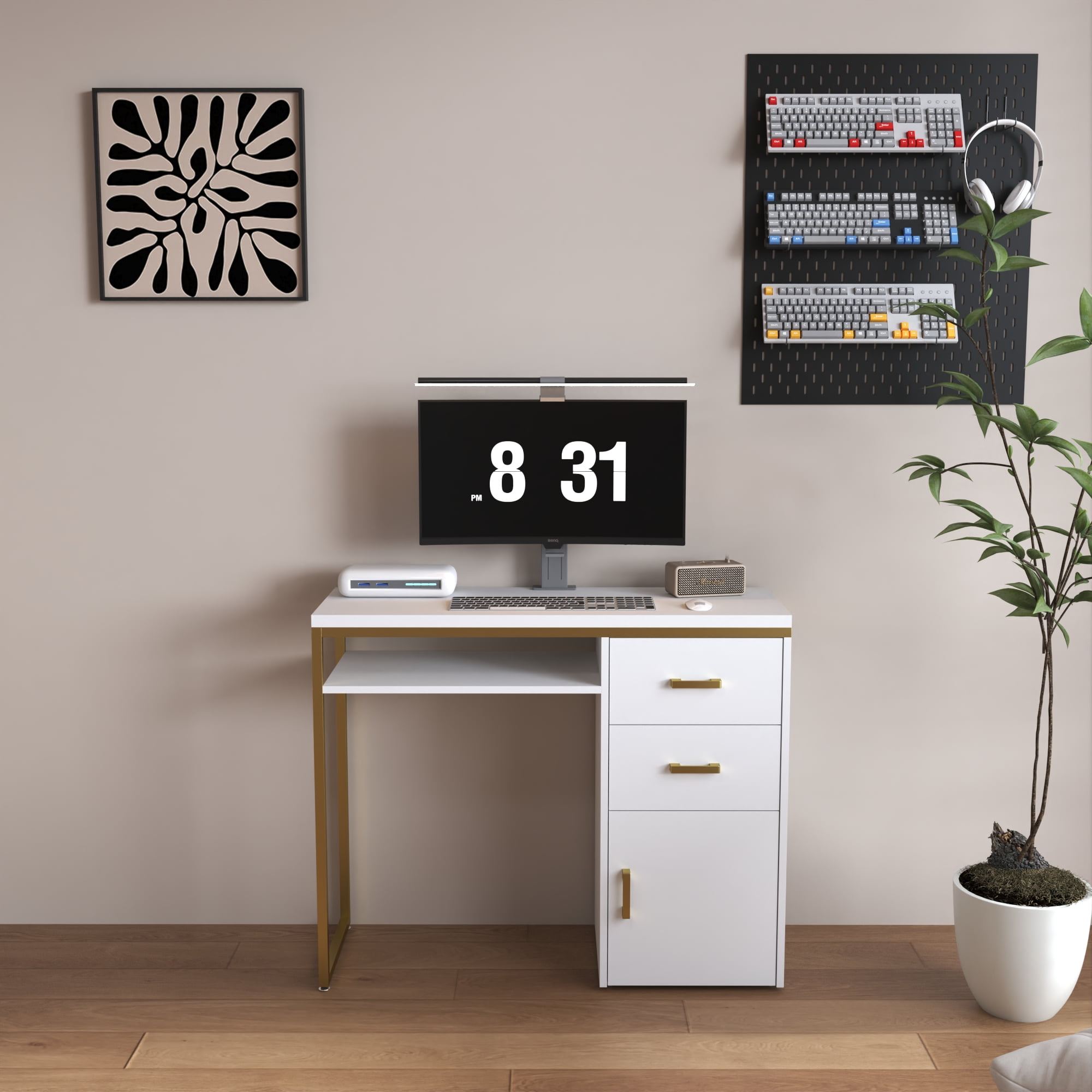 Modern White Computer Desk with 2 Drawers & Storage Cabinet, Particle Board Top Iron Frame Home Office Study Writing Desk for Small Space