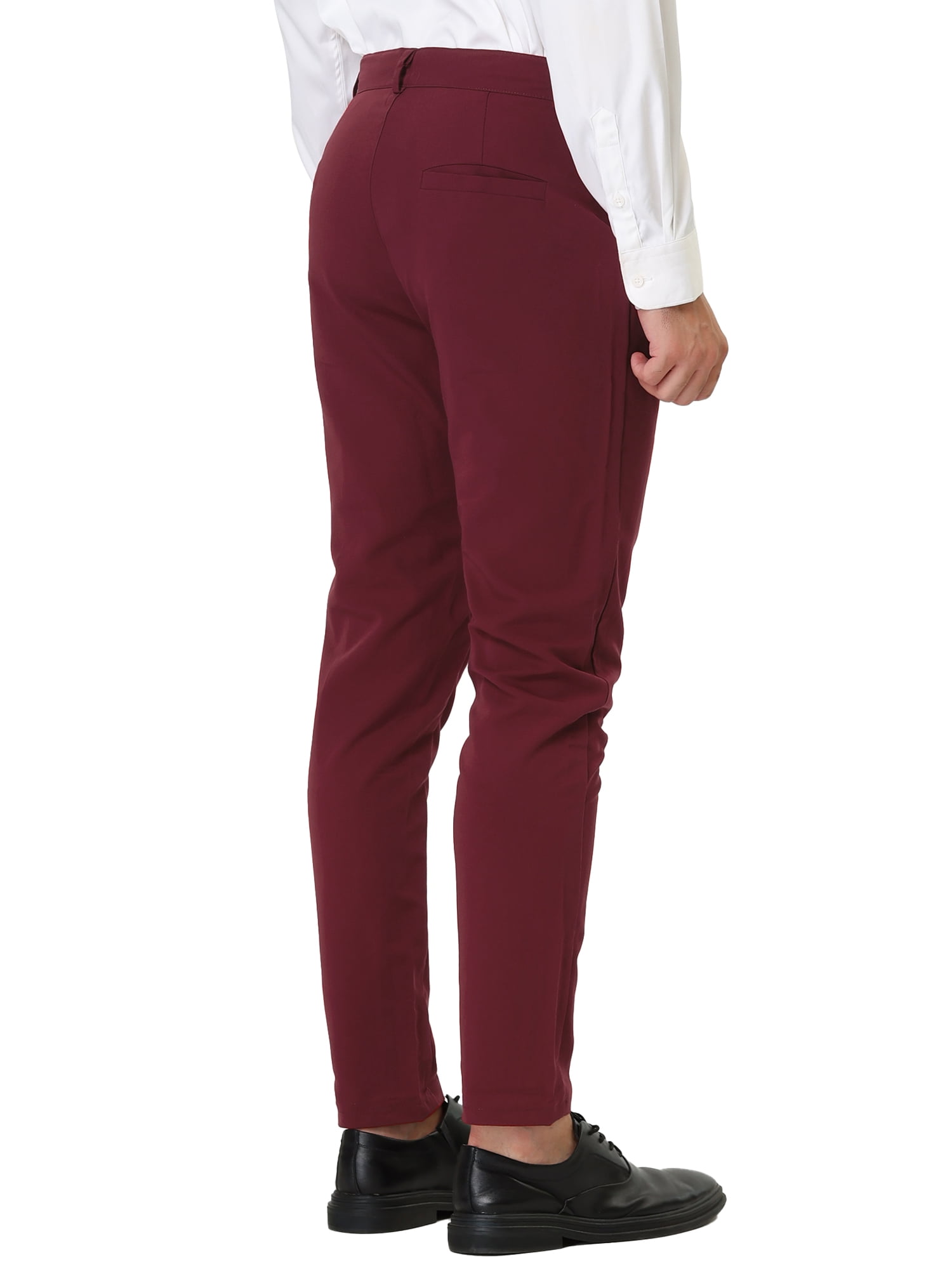 Unique Bargains Men's Slim Fit Flat Front Solid Color Business Chino Trouser 38 Burgundy