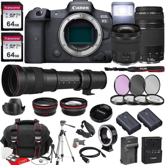 Canon EOS R5 Mirrorless Camera w/RF 24-105mm f/4-7.1 IS STM Lens   EF 75-300mm f/4-5.6 III Lens   420-800mm f/8.3 HD Telephoto Lens   2X 64GB Memory, Hood, Case, Filters, Tripod & More (35pc Bundle)