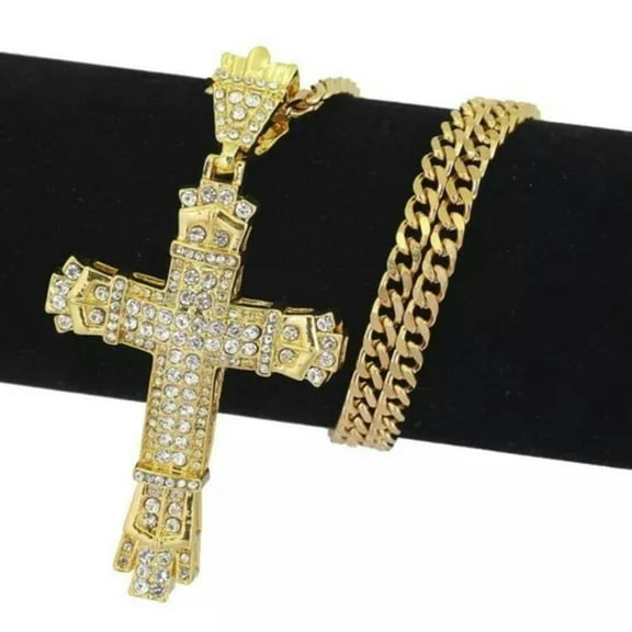 HOOUN 925 Silver Gold Cross Crystal Pendant Necklace Chain Women Men Jesus Jewellery-Gold