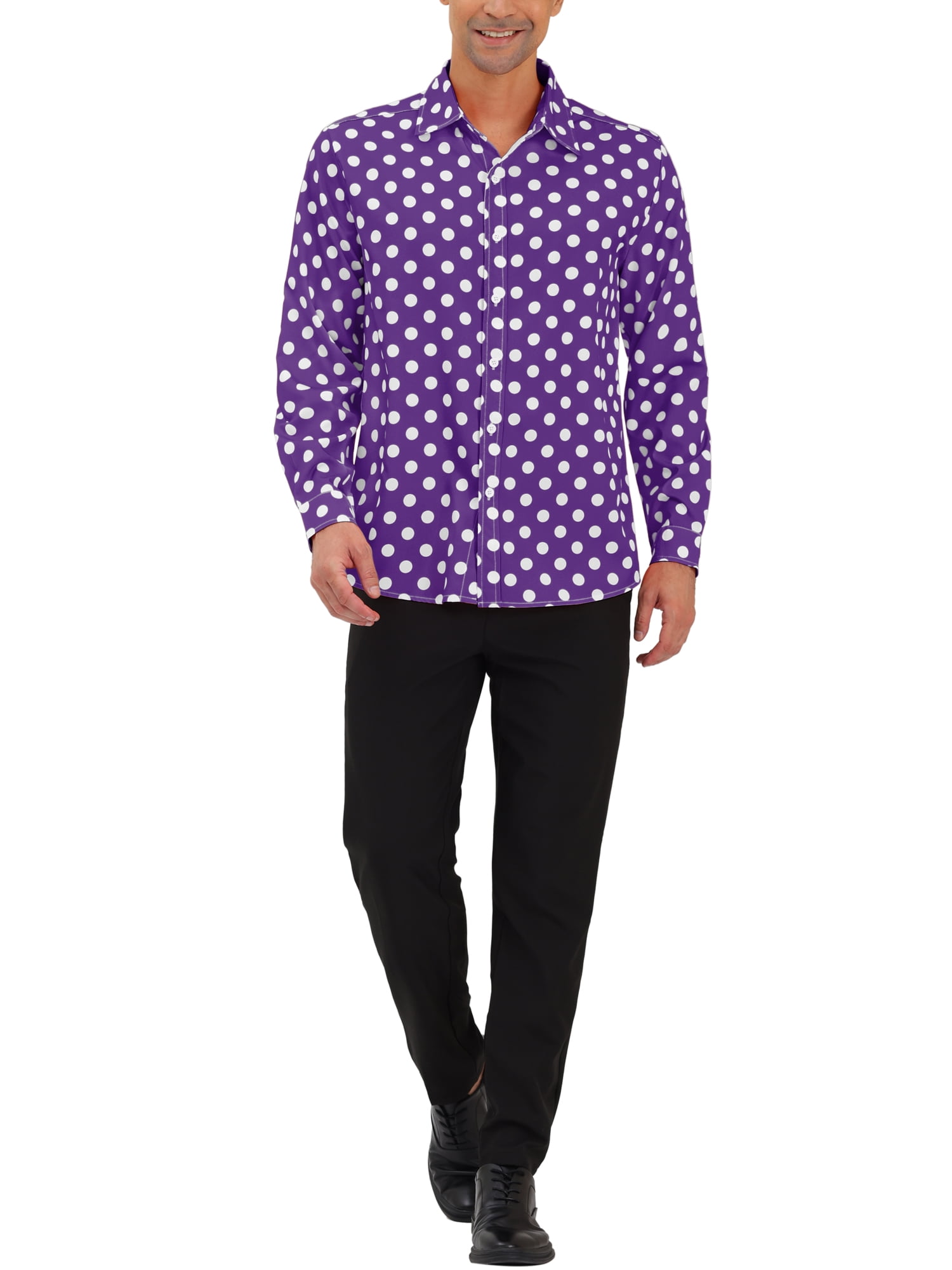 Unique Bargains Men's Long Sleeves Button Down Slim Fit Polka Dots Printed Dress Shirts 34 Purple