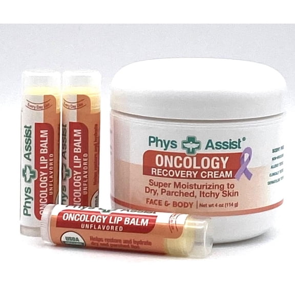 PhysAssist® Oncology Cream® Scent-Free. Skin Cream for Dry, Parched, Itchy, Sensitive Skin. Unscented 4 oz plus 3 Pack Lip Balm. Non Irritant, Clinically Tested, Dermatologist Tested, Allergy Tested