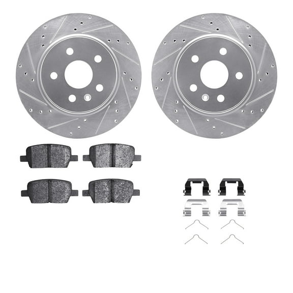 Dynamic Friction Company Rear Brake Rotors-Drilled and Slotted-Silver with 5000 Euro Ceramic Brake Pads includes Hardware 7612-65018