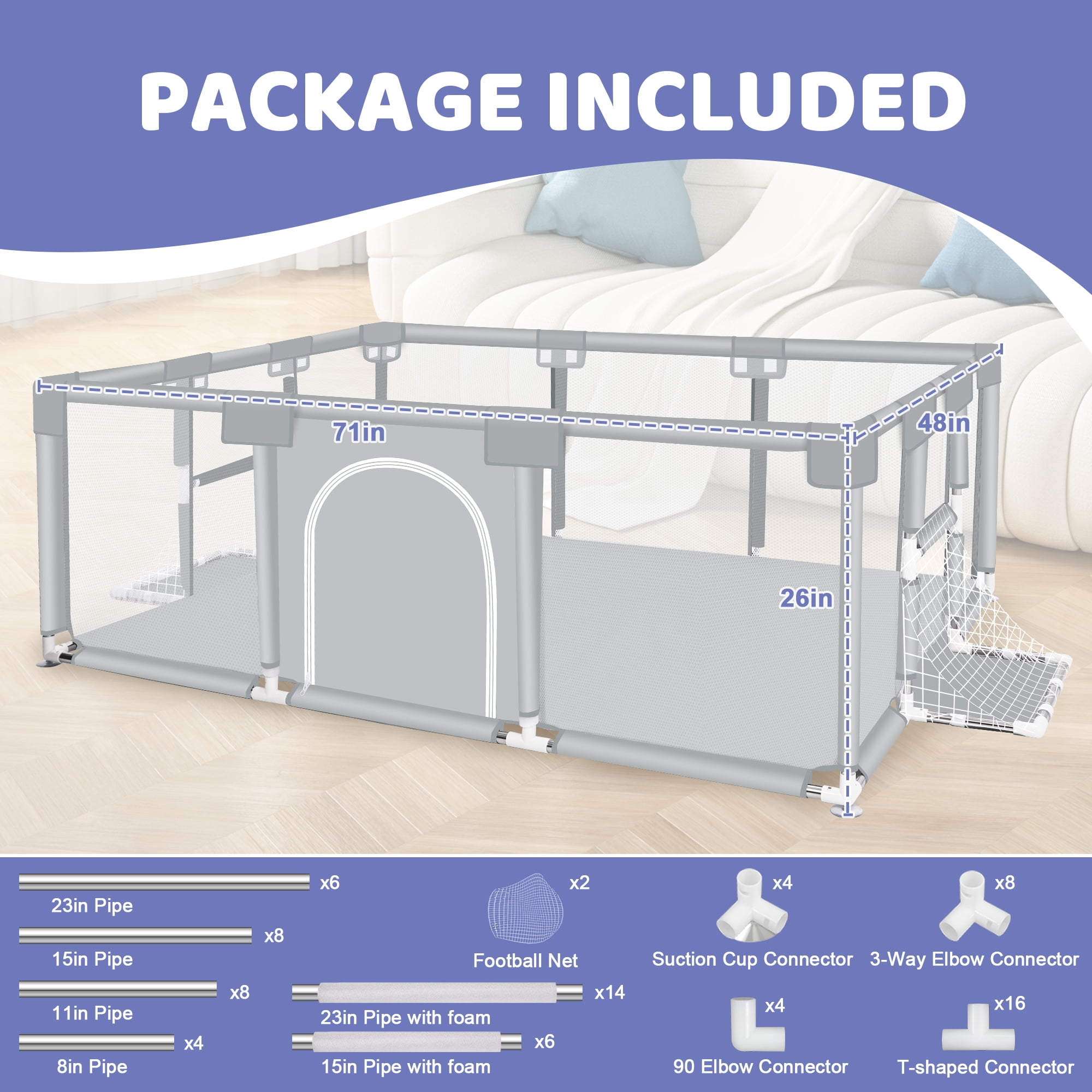 Baby Playpen, HDJ 71 inch Extra Large Baby Play Yard with Soft Breathable Mesh, Play Fence for Infant and Toddlers, Anti-Slip Base, Gray