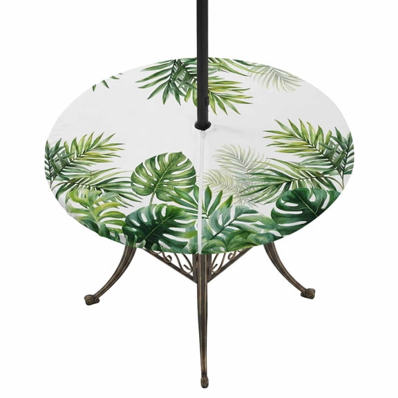 Summer Tropical Round Outdoor Tablecloth with Umbrella Hole Zipper, Pastoral Palm Trees Botanical Leaves Elastic Fitted Table Cover, Waterproof Table Cloth for Patio Picnic Party Fits 45"-54"