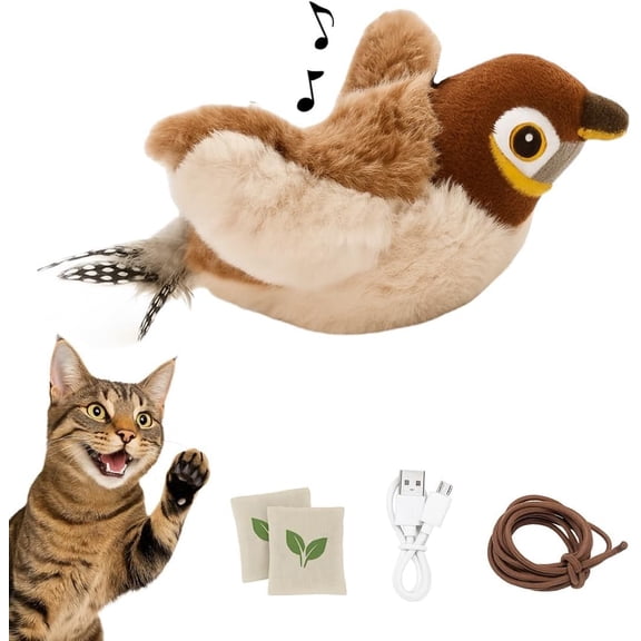 Flying Bird Cat Toys, Not Flying Rechargeable Flapping Bird Sparrow with Chirping Sounds & Touch Activation, Interactive Catnip Toy for Indoor Cats and Kittens