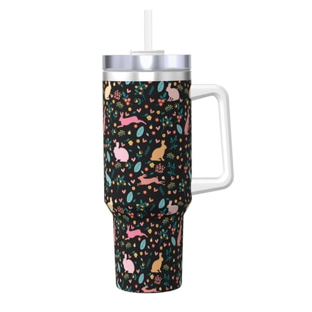 

Daiia Cute Rabbit And Flower Printed 40 oz Tumbler with Handle Ice Bully Insulated Tumbler 2 in 1 Lid Insulated Water Bottle Stainless Steel Travel Coffee Mug