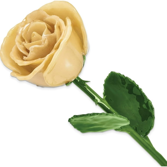 Fashion Lacquer Dipped Natural Cream Rose With Green Leaves And Stem Made In Thailand gm13073