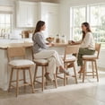 thumbnail image 4 of Guyou 26" Bar Stools Set of 2 - Swivel Counter Height Farmhouse Stools with Woven Back & Line Fabric Upholstery, Solid Wood Frame Kitchen Island Stools for Pub Home, Natural Back, 4 of 12