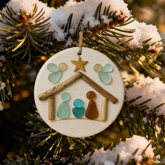 Sea Glass Nativity Ornament,Handmade Nativity Pendant for Christmas Tree,Sea Glass Art Friendship Ornament,Friendship Sea Glass Ornament,Faith-Themed Ornament for Christmas Tree Coastal Home Decor