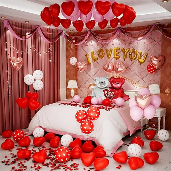 Leyfeng Valentine's Day Decoration, Balloon Set, 1000Pcs Rose Petals, Heart Shaped Balloons & Bear Balloons for Anniversary, Valentine's Day, Wedding Decor
