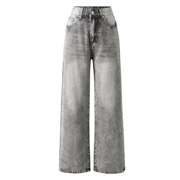 FEDPOP Girls Baggy Wide Leg Jeans, Elastic Waist Pull-On Denim Pants with Pockets, Casual Loose Teen Jeans, Gray, 12-16Y