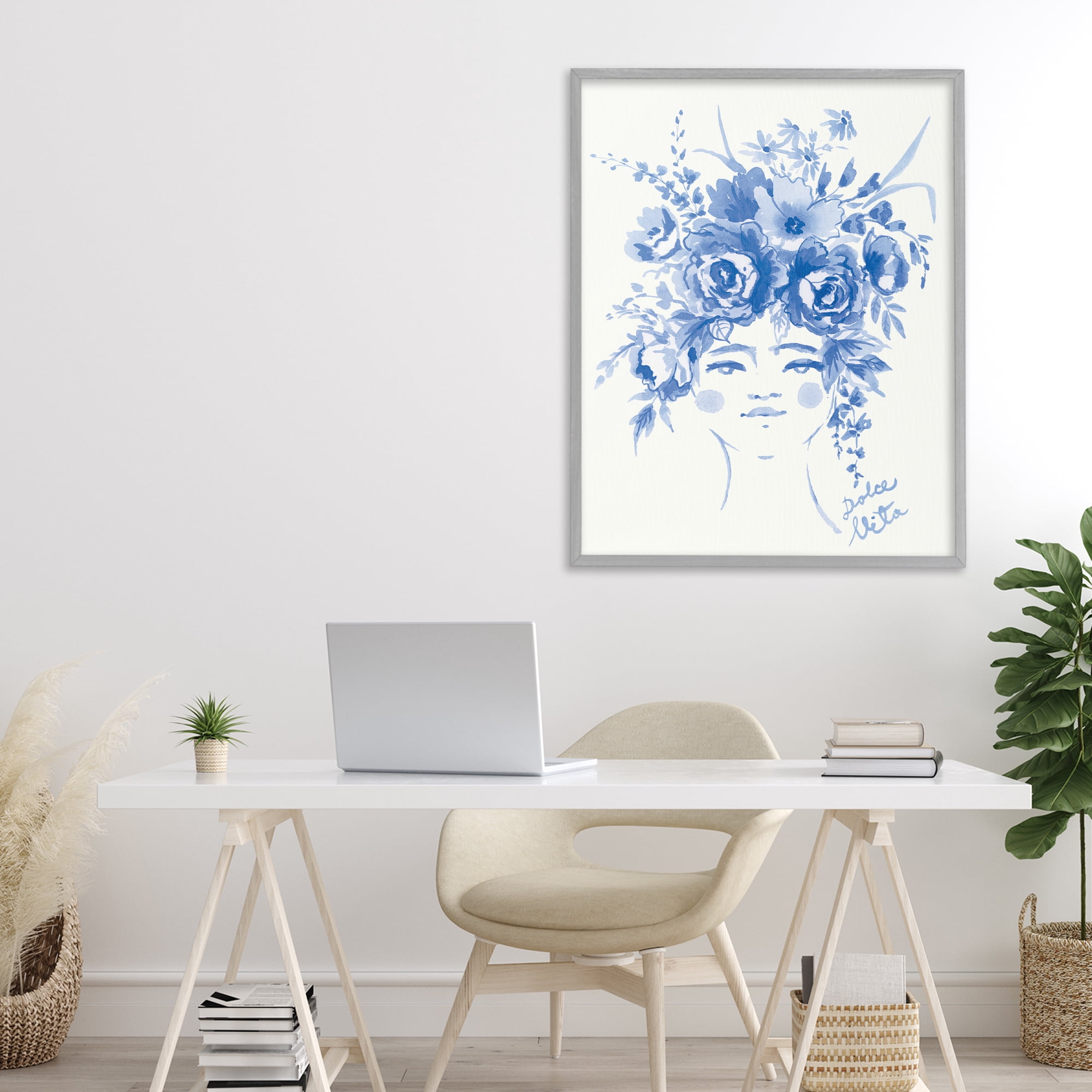 Stupell Industries Dolce Vita Woman with Roses Gray Framed Giclee Art, design by Karolina Sato