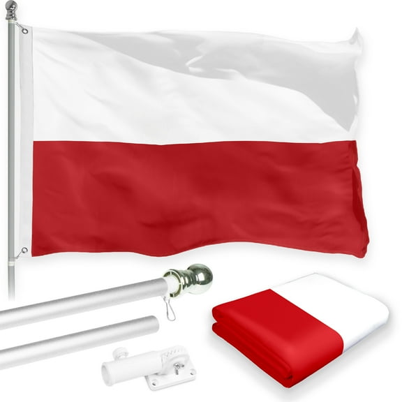 G128 Combo Pack: 6 Feet Tangle Free Spinning Flagpole (Silver) Poland Polish Flag 3x5 ft Printed 150D Brass Grommets (Flag Included) Aluminum Flag Pole