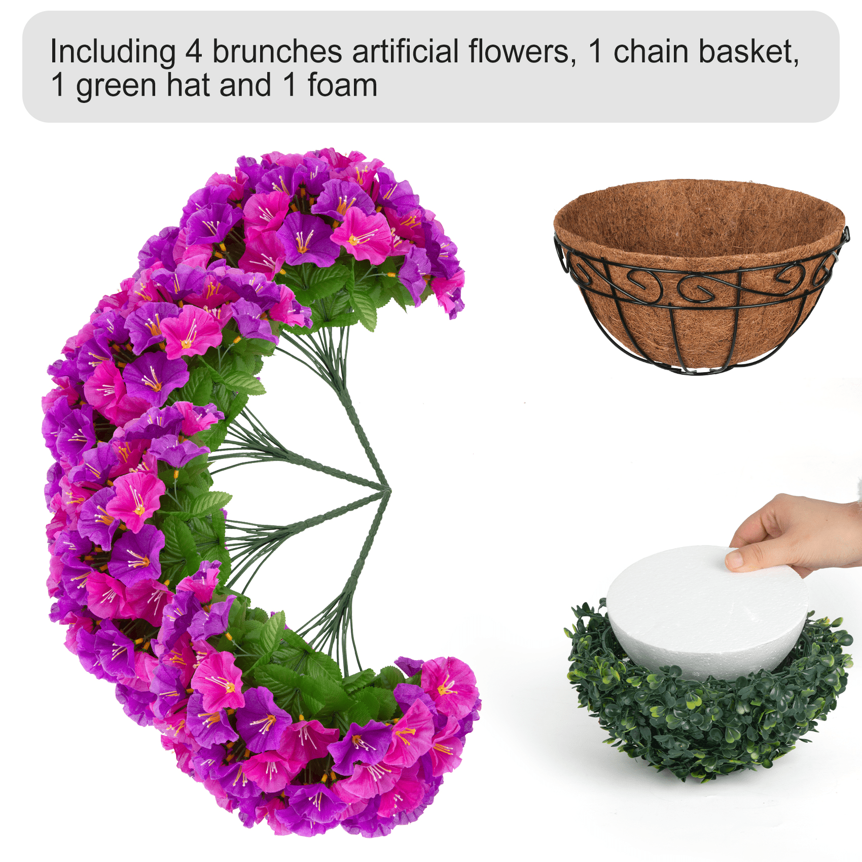 AcerichFad Artificial Hanging Flowers, 4 PCS Fake Silk Flowers Faux Plants with Coconut Basket for Spring Summer Indoor Outdoor Home Decor, Rose Red and Fuchsia