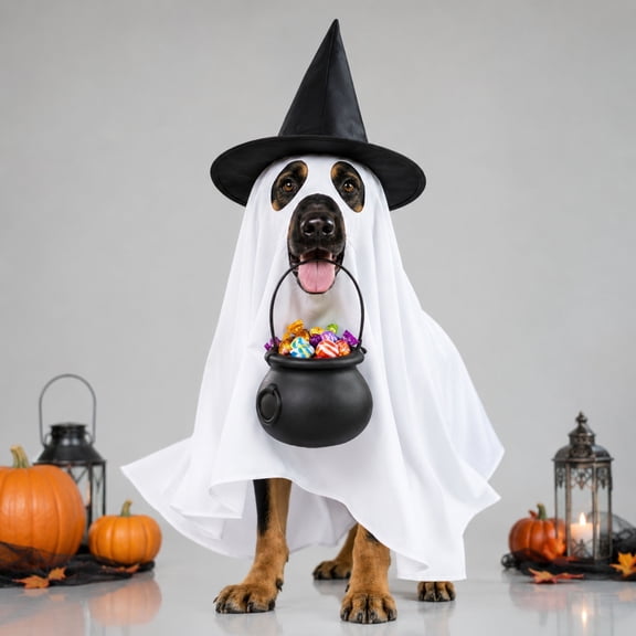Halloween Dog Ghost Costume Set with Witch Hat and Cauldron Prop,White Ghost Cloak with Eye Holes for Small Medium Large Dogs Cats, Funny Cosplay Outfit for Halloween Party Trick Or Treat Photo Props