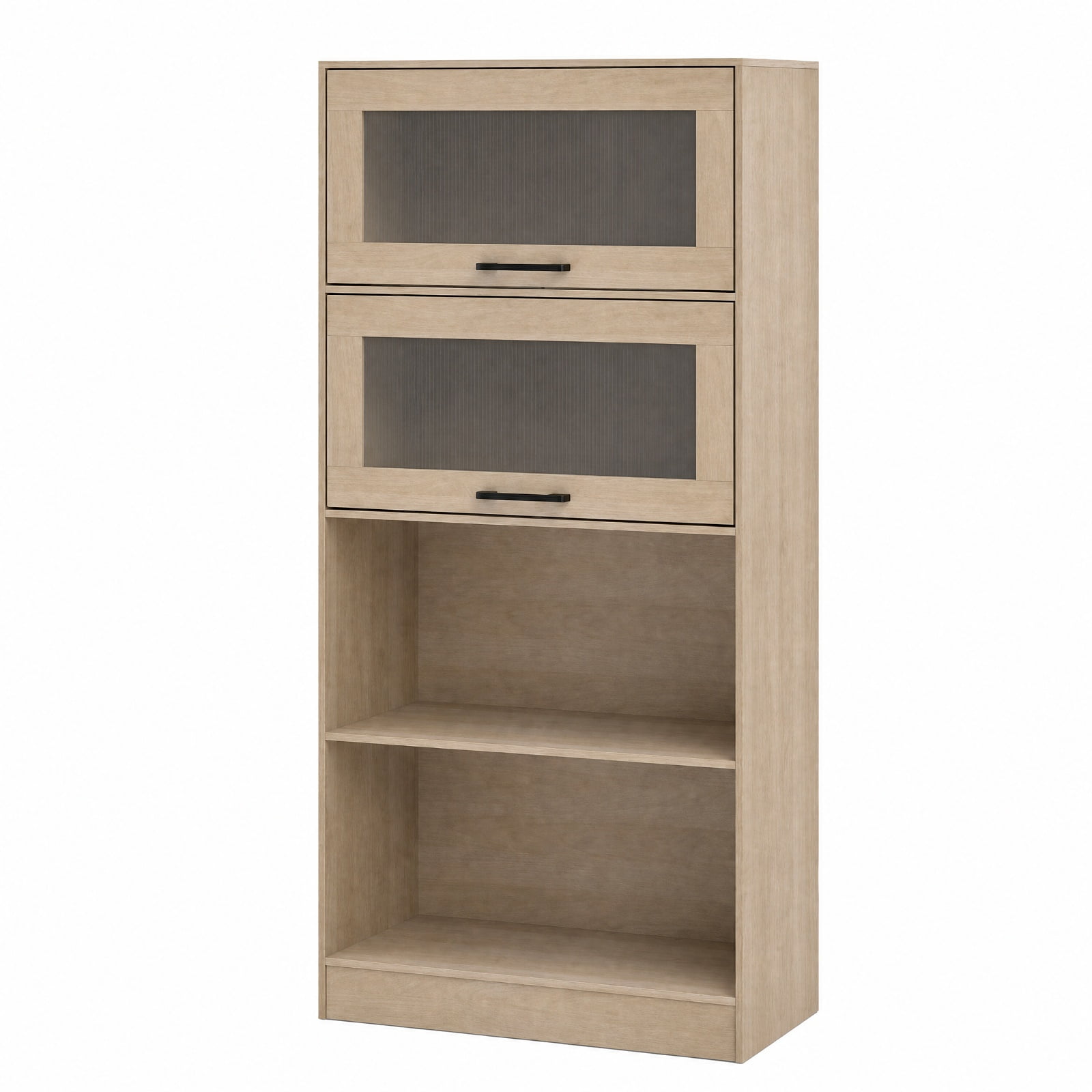 Furnibear 4-Tier Wood Bookcase with Flip-Up Cabinet Doors and Open Compartments Tall Storage for Home Office and Study, Natural