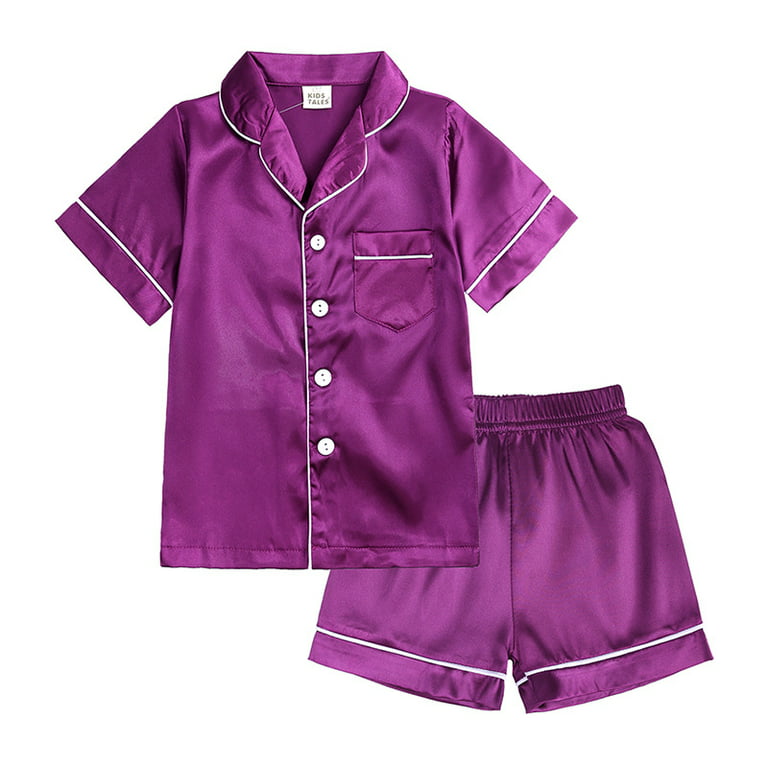 Boys Girls Short Silk Pajamas Set,Classic Satin Pajamas for Toddler,Kids 2  Piece Button-Down Short Sleeve Sleepwear 8-9Y Purple