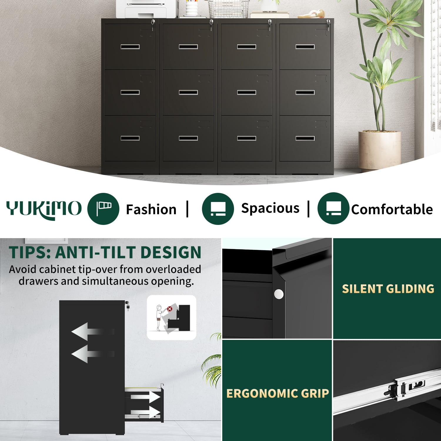 IKIMI 3 Drawer File Cabinet - Metal Vertical Filing Cabinet with Ample Storage, Easy Assembly for Home Office/Study, Storage for Letter/Legal/A4 File, Assembly required-Black