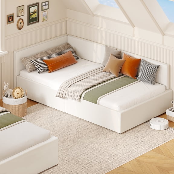 Modern Soft fabric Upholstered Twin Daybed Frame with Corner Headboard, Guardrails, and Wooden Slats - Space-Saving Bedroom & Living Room Furniture, Easy Assembly, Creamy white