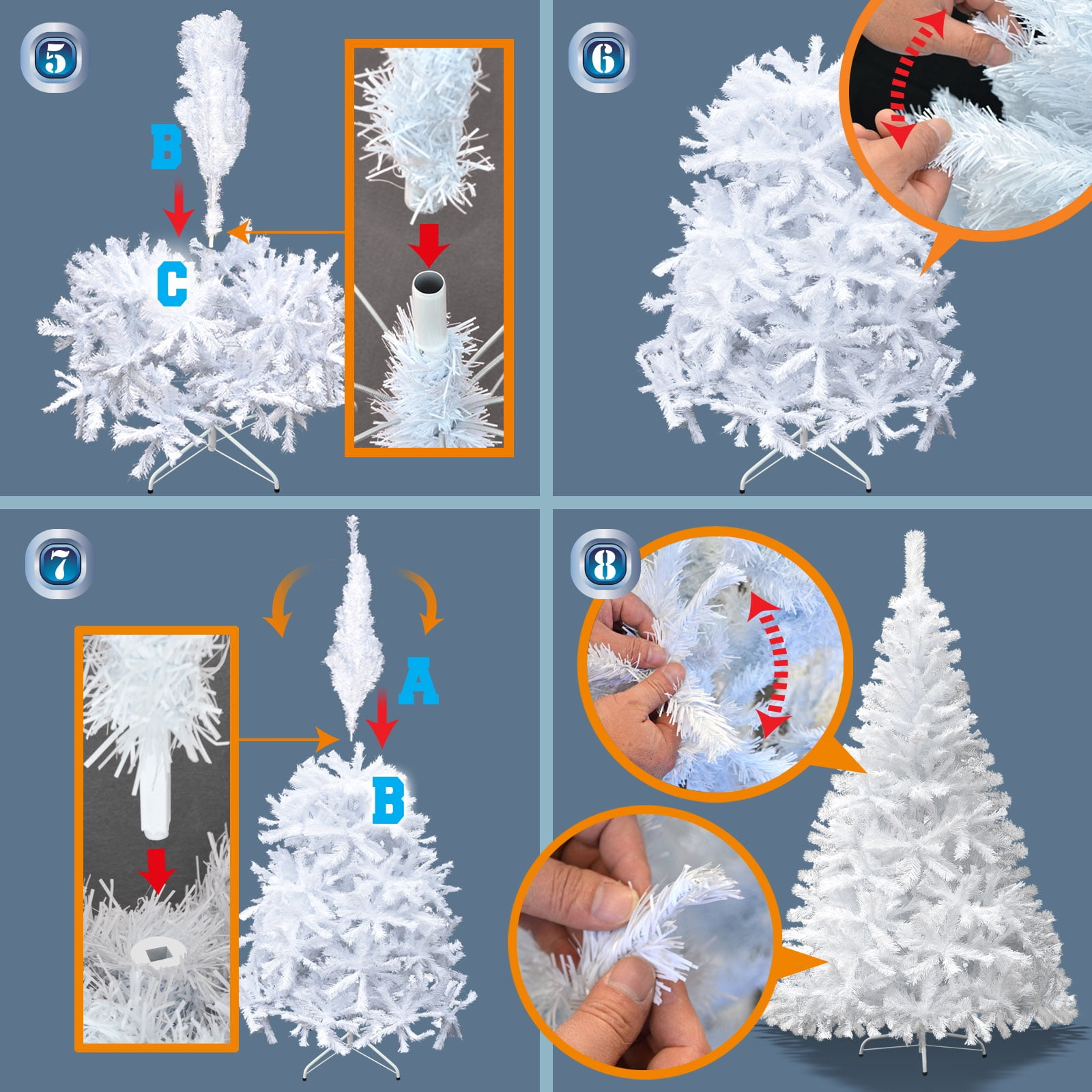 Sunrise 4 Sizes Artificial Christmas Tree w/Metal Stand,Easy Assembly, White (6 Ft)