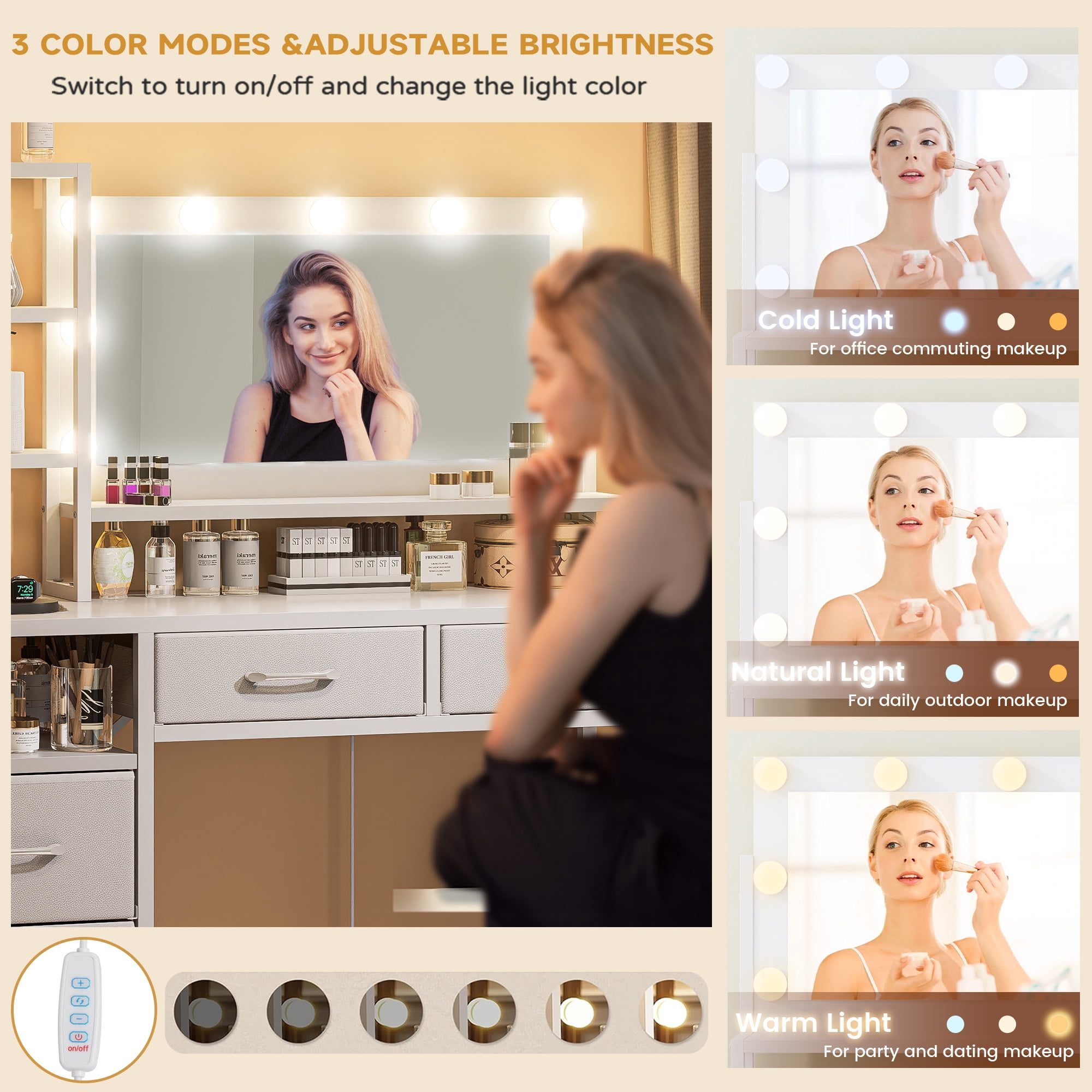 Vanity Desk with Mirror, 9 Lights, 3 Color Modes with Adjustable Brightness, 5 Spacious Fabric Drawers & Storage Shelves, Makeup Vanity with Power Outlets, Modern Vanity Table for Bedroom, White