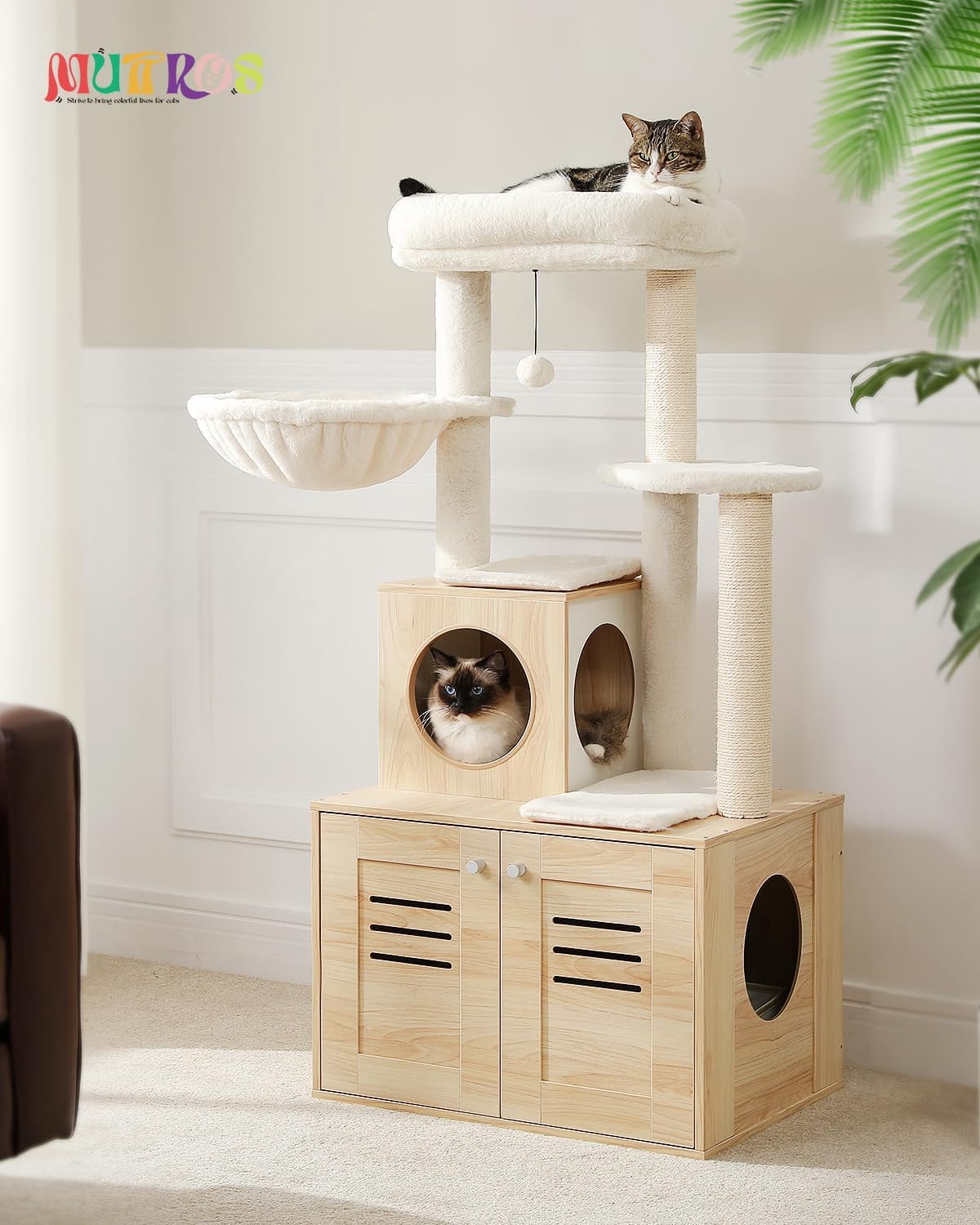 Cat Tree with Litter Box Enclosure, 50" Modern Cat Tree for Large/Fat Cats with Cat Condo, Wooden Cat Furniture with Large Hammock and Top Perch, Beige