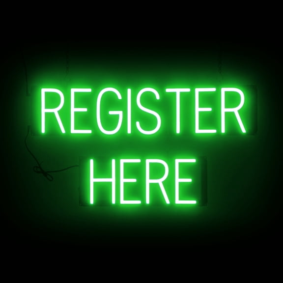 SpellBrite REGISTER HERE LED Sign for Business. 28.1" x 15" Green REGISTER HERE Sign Has Neon Sign Look With Energy Efficient LED Light Source. Visible from 500+ Feet, 8 Animation Settings.