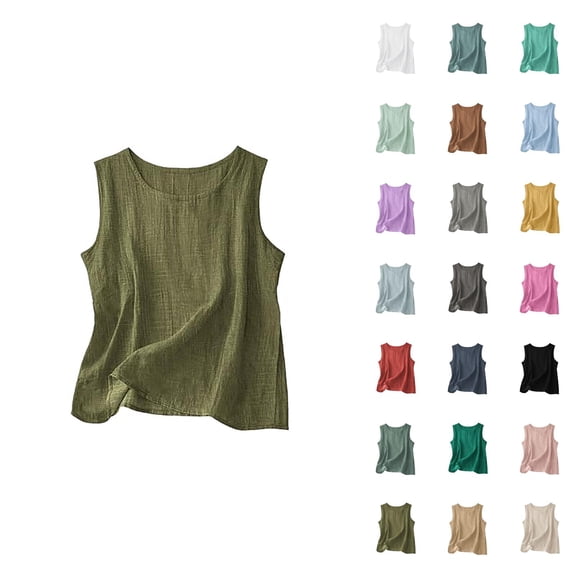 Basic Tank Tops for Women Lightweight Cotton Linen Crewneck Loose Fit Sleeveless Shirt Summer Outfits