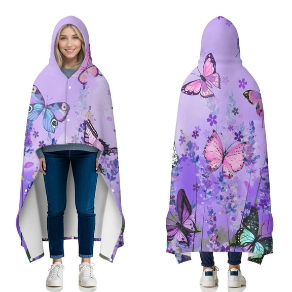 Wearable Blanket,Purple Lavender Butterfly Scene Hooded Wearable Flannel Blanket for Adults & Teens with Buckle,Winter Poncho Shawl Wrap Cape,50"x60"