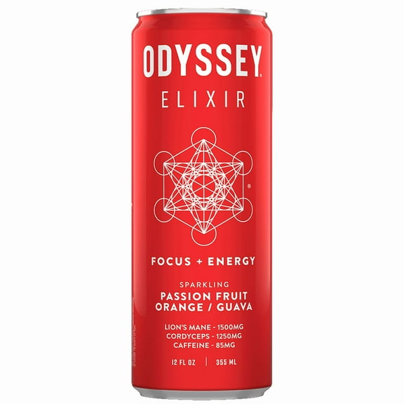 Pack of 12, Odyssey Elixir Passion Fruit Orange Guava Sparkling Energy Drink, 12 fl oz
