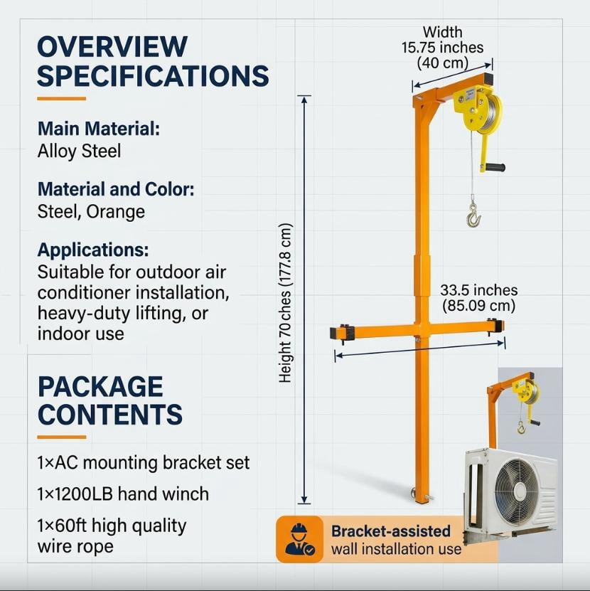 Muweixin 1200LBS AC Lifter, Wall-Mounted Foldable Winch Hoist for AC Unit Lifting, 33ft Steel Cable Crane Lift, Portable Heavy-Duty，Ideal for Roof Top or Wall HVAC