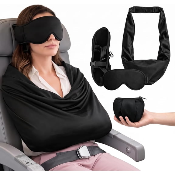 3-in-1 Travel Pillow with Eye Mask & Sleep Support Strap, Ergonomic Airplane Sleep System for Neck Comfort